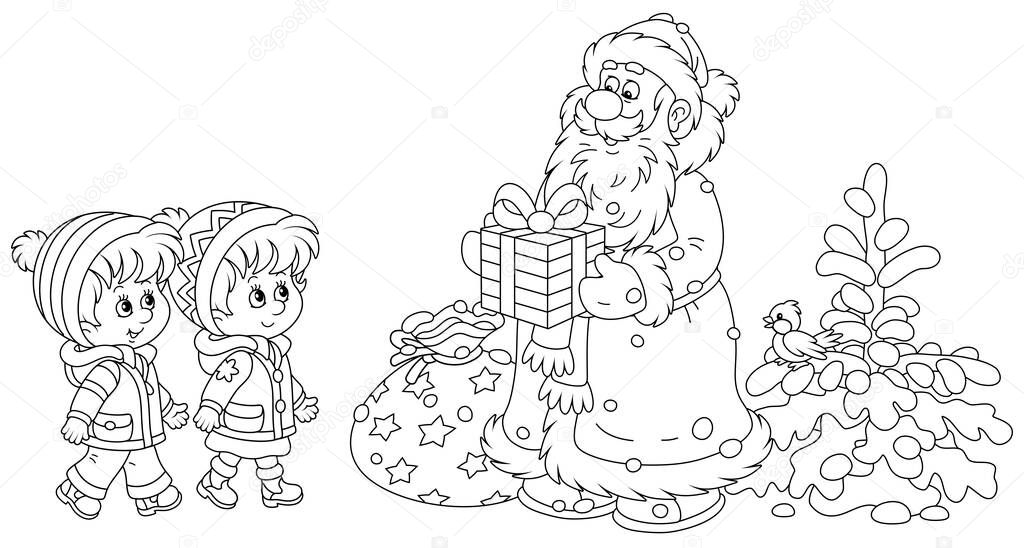 Santa Claus smiling and giving his magical Christmas presents to happy and merry small children, black and white outline vector cartoon illustration for a coloring book page