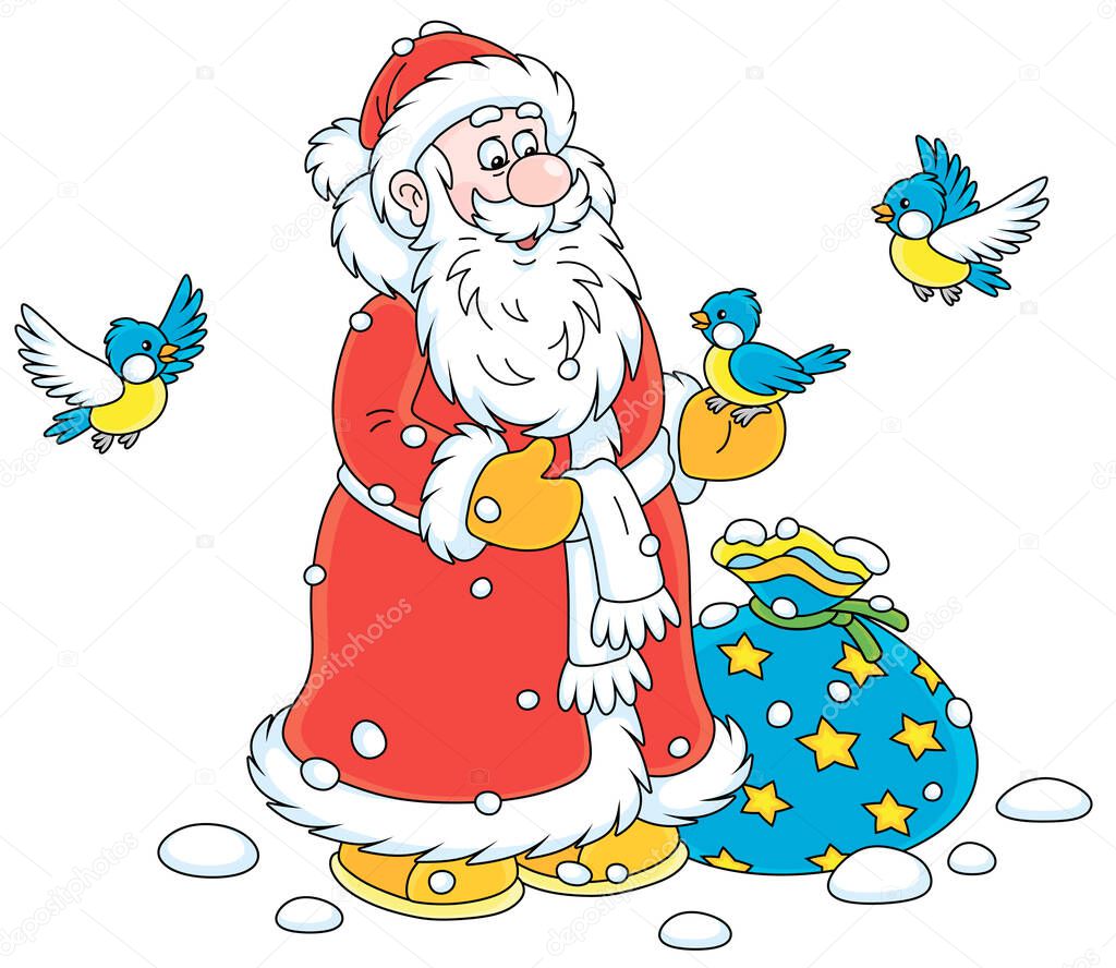 Santa Claus with his Christmas gift bag, smiling and playing with little cheerful birds flying around him, vector cartoon illustration on a white background