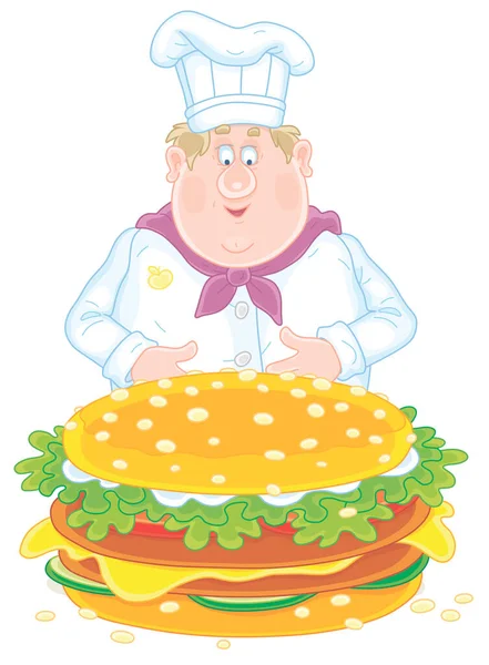 Cozinheiro Gordo Sorridente Chapéu Chef Branco Com Hambúrguer Recém Grelhado — Vetor de Stock