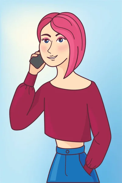 Cep telefonuyla konuşan bir kız. Vektör illüstrasyonu.