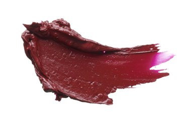 Dudak parlatıcısı beyaz arka plan üzerinde izole kırmızı makyaj smear. Beyaz arka plan üzerinde izole kırmızı ruj doku. Doku kırık kırmızı ruj