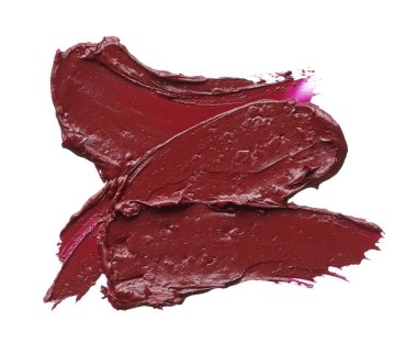 Dudak parlatıcısı beyaz arka plan üzerinde izole kırmızı makyaj smear. Beyaz arka plan üzerinde izole kırmızı ruj doku. Doku kırık kırmızı ruj