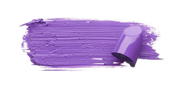 Purple makeup smear of lip gloss isolated on white background. Purple lipstick texture isolated on white background. Broken purple lipstick