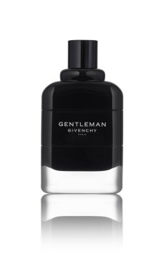 Givenci dan yeni bir parfüm parfüm 2018, bir yenilik: beyefendi Givenchy Paris, 100 ml. beyefendi Eau de Parfüm Givenchy Köln erkekler için. Beyaz arka plan üzerinde izole siyah parfüm şişesi