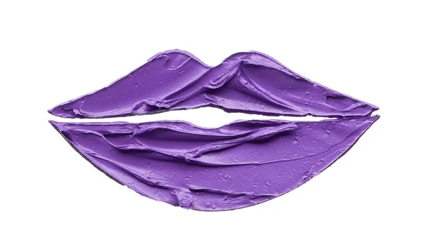 Purple makeup smear of lip gloss isolated on white background. Purple lipstick texture isolated on white background. Stencil lips made by broken purple lipstick