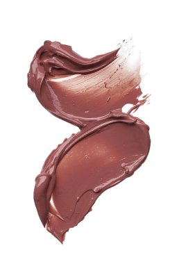 Doku beyaz arka plan üzerinde izole kahverengi ruj. Smear kırık kahverengi dudak parlatıcısı veya krem göz farı beyaz bir arka plan üzerinde izole. Beyaz izole kahverengi krem Vakfı doku