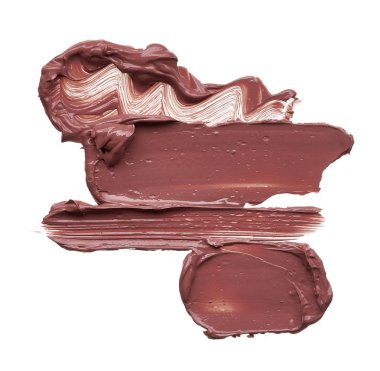 Doku beyaz arka plan üzerinde izole kahverengi ruj. Smear kırık kahverengi dudak parlatıcısı veya krem göz farı beyaz bir arka plan üzerinde izole. Beyaz izole kahverengi krem Vakfı doku