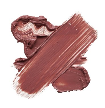 Doku beyaz arka plan üzerinde izole kahverengi ruj. Smear kırık kahverengi dudak parlatıcısı veya krem göz farı beyaz bir arka plan üzerinde izole. Beyaz izole kahverengi krem Vakfı doku