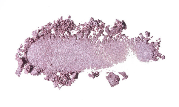 Broken pink powder or eye shadow for makeup isolated on white background. Texture of broken pink blush or gently pink eye shadow isolated on white