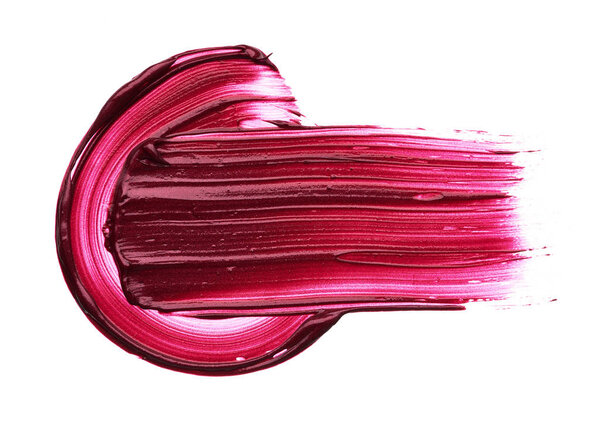 Red makeup smear of matte lip gloss isolated on white background. Red creamy lipstick texture isolated on white background