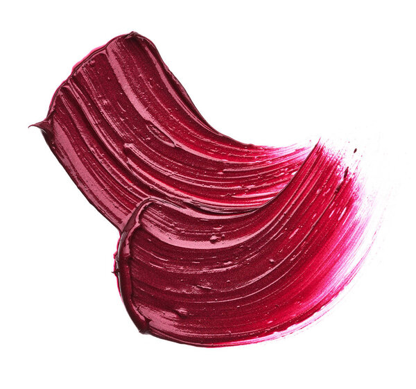Red makeup smear of matte lip gloss isolated on white background. Red creamy lipstick texture isolated on white background