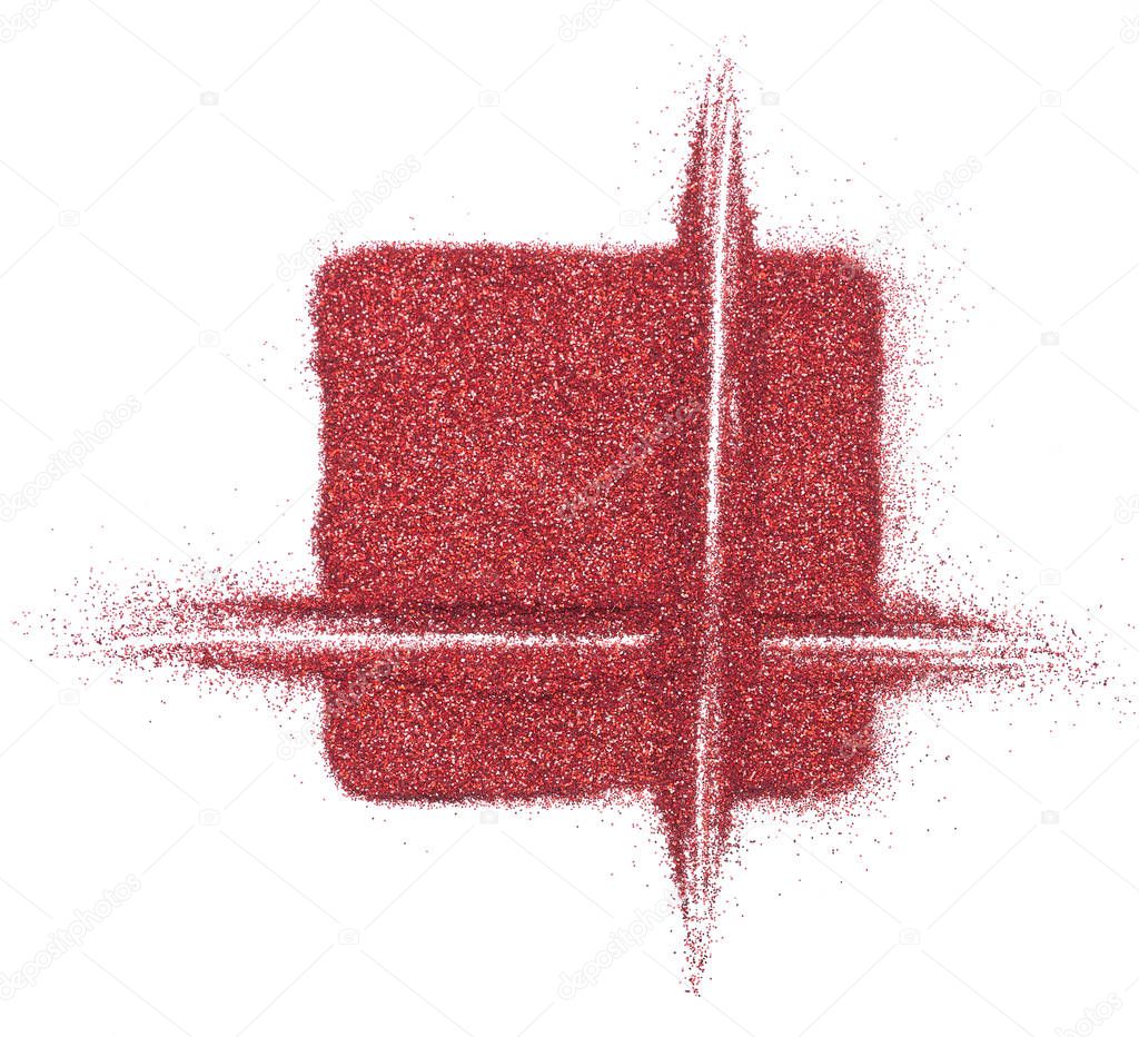 Bright and original red glitter background, in the form of a square stencil