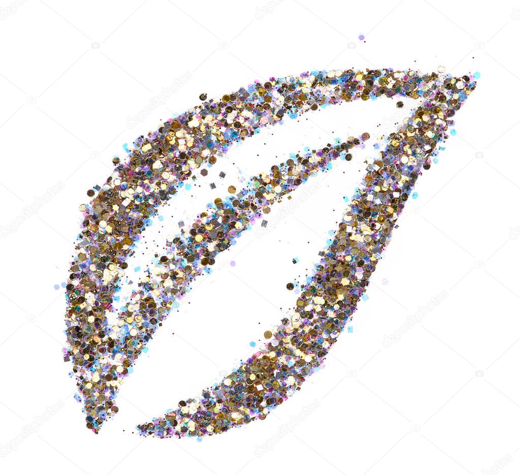 Bright and original glitter background, in the form of a leaf stencil