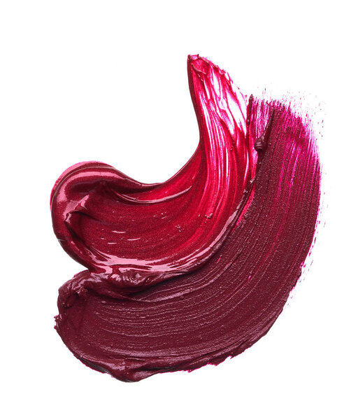 Dark red smear of matte lip gloss isolated on white background. Red creamy lipstick texture isolated on white background