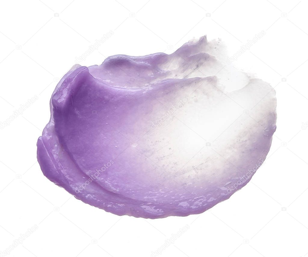 Purple makeup smear of lip gloss isolated on white background. Purple cream texture isolated on white background