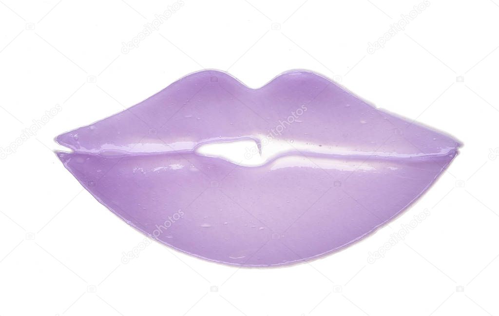 Purple makeup smear of lip gloss isolated on white background. Purple cream texture in the shape of lips isolated on white background