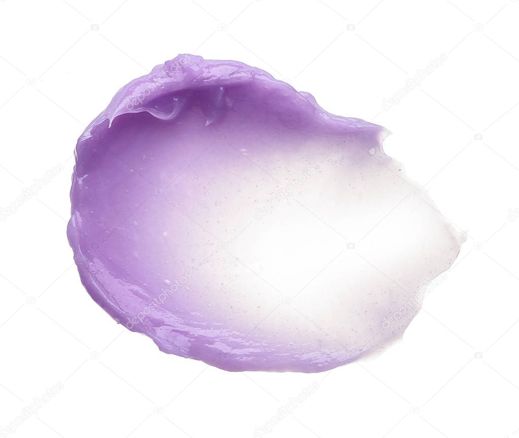 Purple makeup smear of lip gloss isolated on white background. Purple cream texture isolated on white background