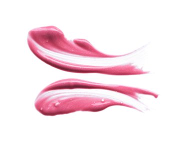Hafifçe pembe darbeler ve dudak parlatıcı veya akrilik boya beyaz arka plan üzerinde izole doku