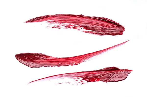 Uitstrijkje Textuur Van Rode Lippenstift Acrylverf Geïsoleerd Witte Achtergrond — Stockfoto
