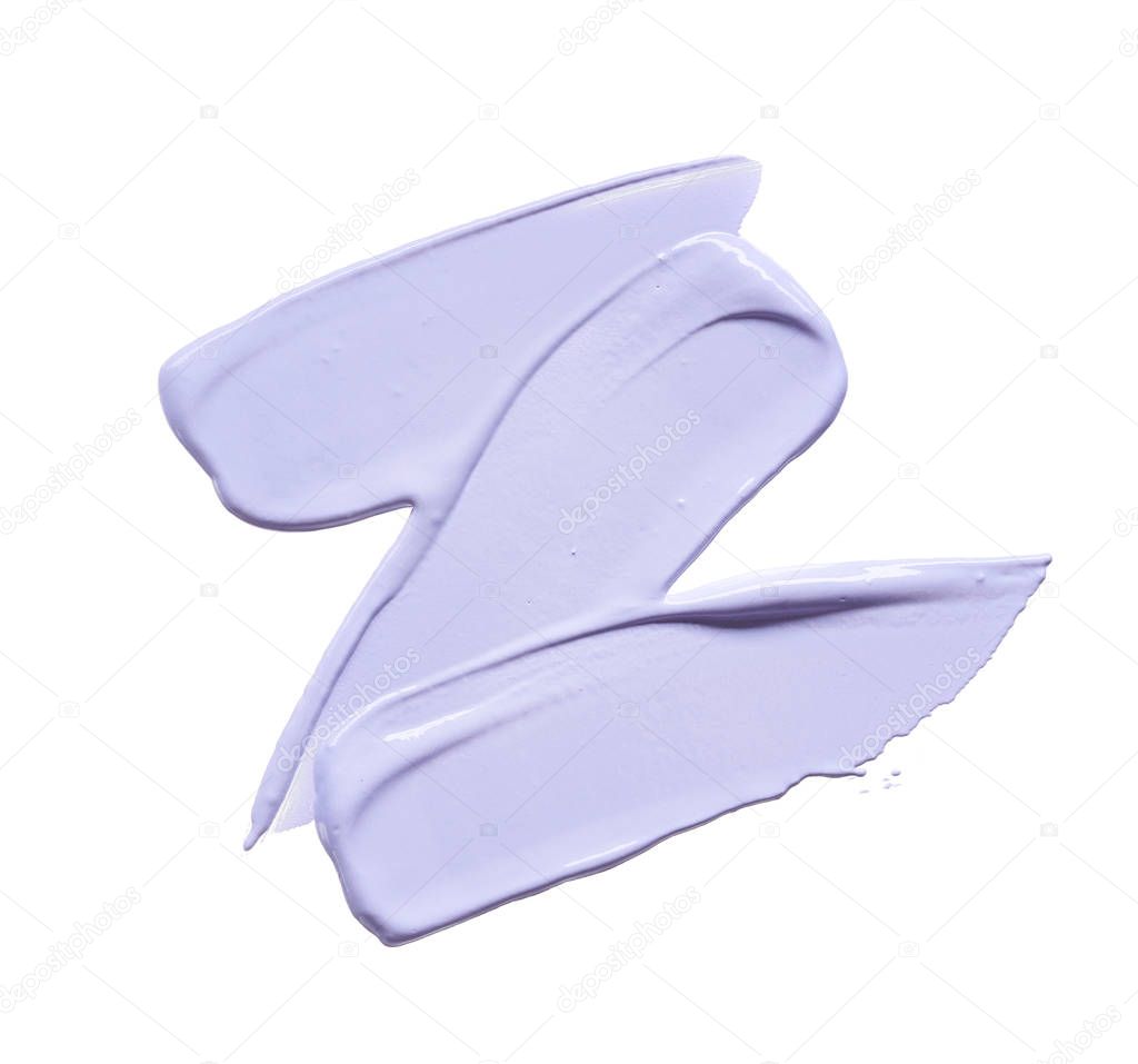 Gently purple strokes and texture of face cream or acrylic paint isolated on white background