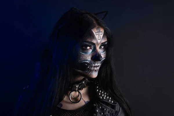 Maquillaje Para Halloween Máscara Santa Muerte Folclore Mexicano —  Fotos de Stock