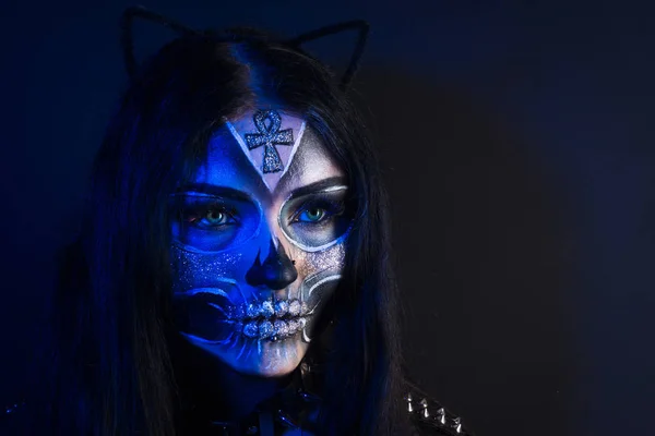 Makijaż Halloween Maska Santa Muerte Meksykański Folklor — Zdjęcie stockowe