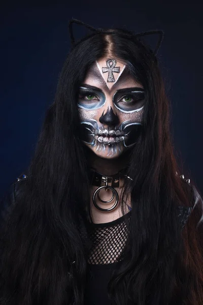 Maquillaje Para Halloween Máscara Santa Muerte Folclore Mexicano — Foto de Stock