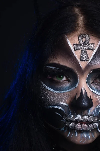 Makijaż Halloween Maska Santa Muerte Meksykański Folklor — Zdjęcie stockowe