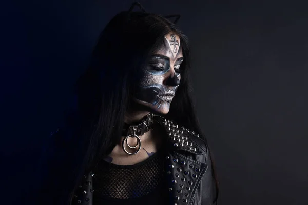 Maquiagem Para Halloween Máscara Santa Muerte Folclore Mexicano — Fotografia de Stock