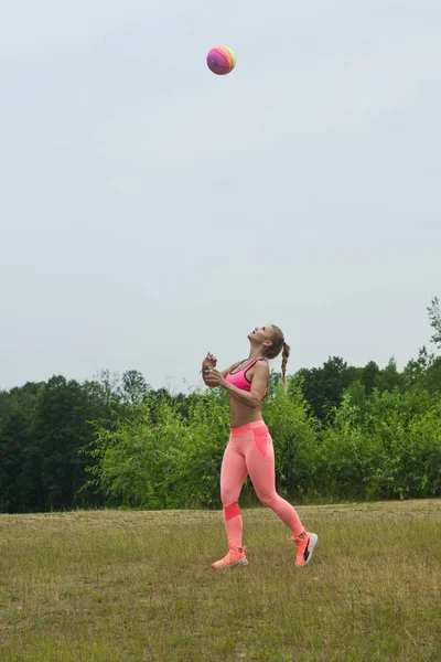 Young Girl Holding Volleyball Green Park Summer — Stock Photo, Image