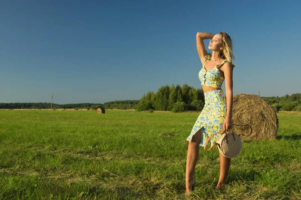 Vacker Ung Flicka Ett Sommar Fält — Stockfoto