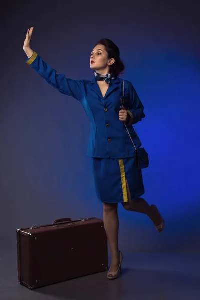 Beautiful Young Pinup Girl Suit Stewardess — Stock Photo, Image