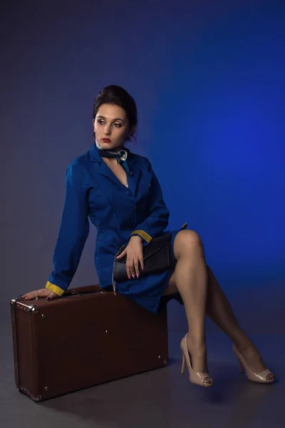 Beautiful Young Pinup Girl Suit Stewardess — Stock Photo, Image