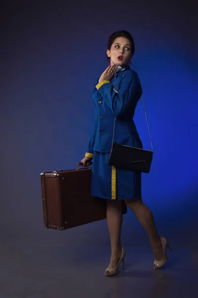 Beautiful Young Pinup Girl Suit Stewardess — Stock Photo, Image