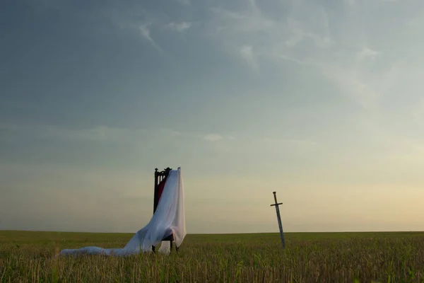 Symbol Války Středověký Rytíř Meč Létě Polí — Stock fotografie