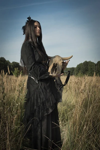 Gothic Girl Neben Dem Schädel Einer Kuh Auf Einer Stange — Stockfoto