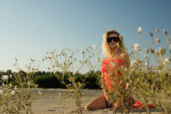 Donna Sessuale Posa Deserto Sabbioso — Foto Stock