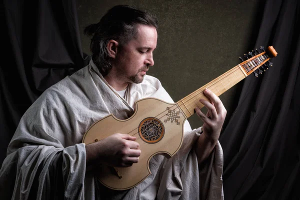 Adult Man Historical Suit Playing Viol — Stock Photo, Image