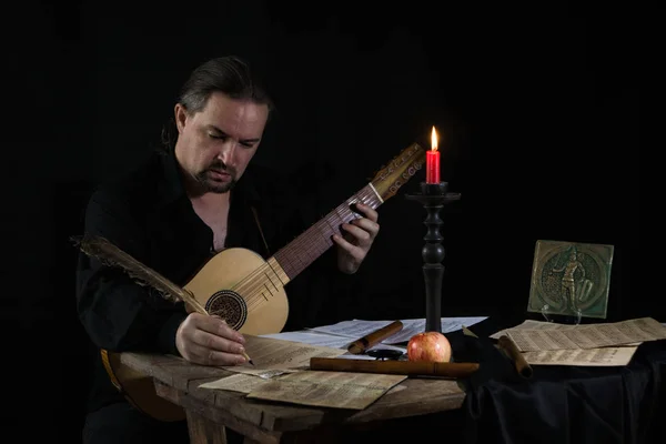 Adult Man Historical Suit Playing Viol — Stock Photo, Image