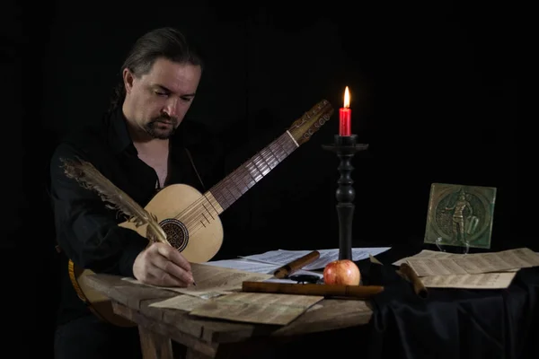 Adult Man Historical Suit Playing Viol — Stock Photo, Image