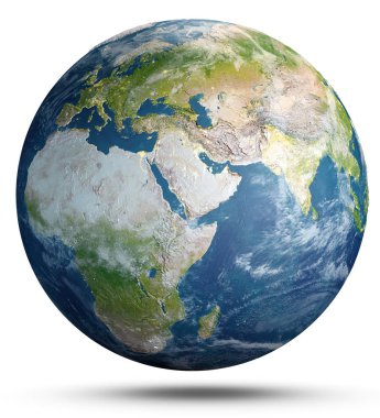 Beyaz üzerine dünya gezegeni. Nasa tarafından döşenmiş bu görüntü unsurları. 3D render