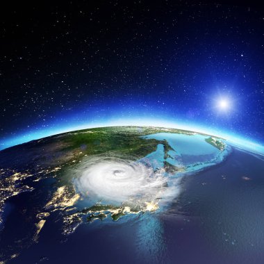 Japonya ve Kore siklon. Nasa tarafından döşenmiş bu görüntü unsurları. 3D render