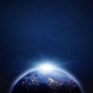 Planet Earth gündoğumu. Kendi fotoğraf yıldız. Bu görüntü 3d render Nasa tarafından döşenmiş unsurları
