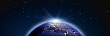 Europe gündoğumu panorama. Kendi fotoğraf yıldız. Bu görüntü 3d render Nasa tarafından döşenmiş unsurları