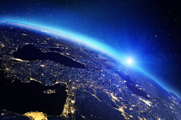 Planet Earth sunrise. Elements of this image furnished by NASA. 3d rendering