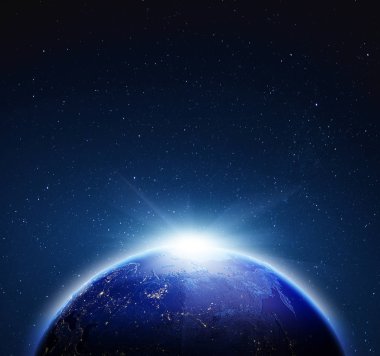 Planet Earth gündoğumu. 3D render