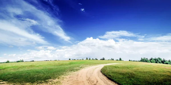 Paisagem natural rural - estrada e prado — Fotografia de Stock