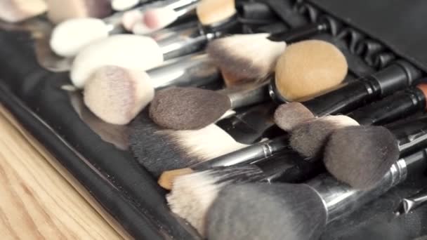 Conjunto de escovas para maquiagem espalhadas no fundo — Vídeo de Stock