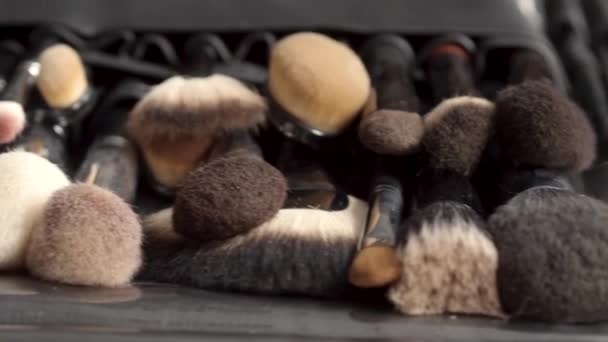 Набор кистей для макияжа, разбросанных на деревянном фоне — стоковое видео