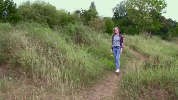 Girl walking in a field alone — Stock Video